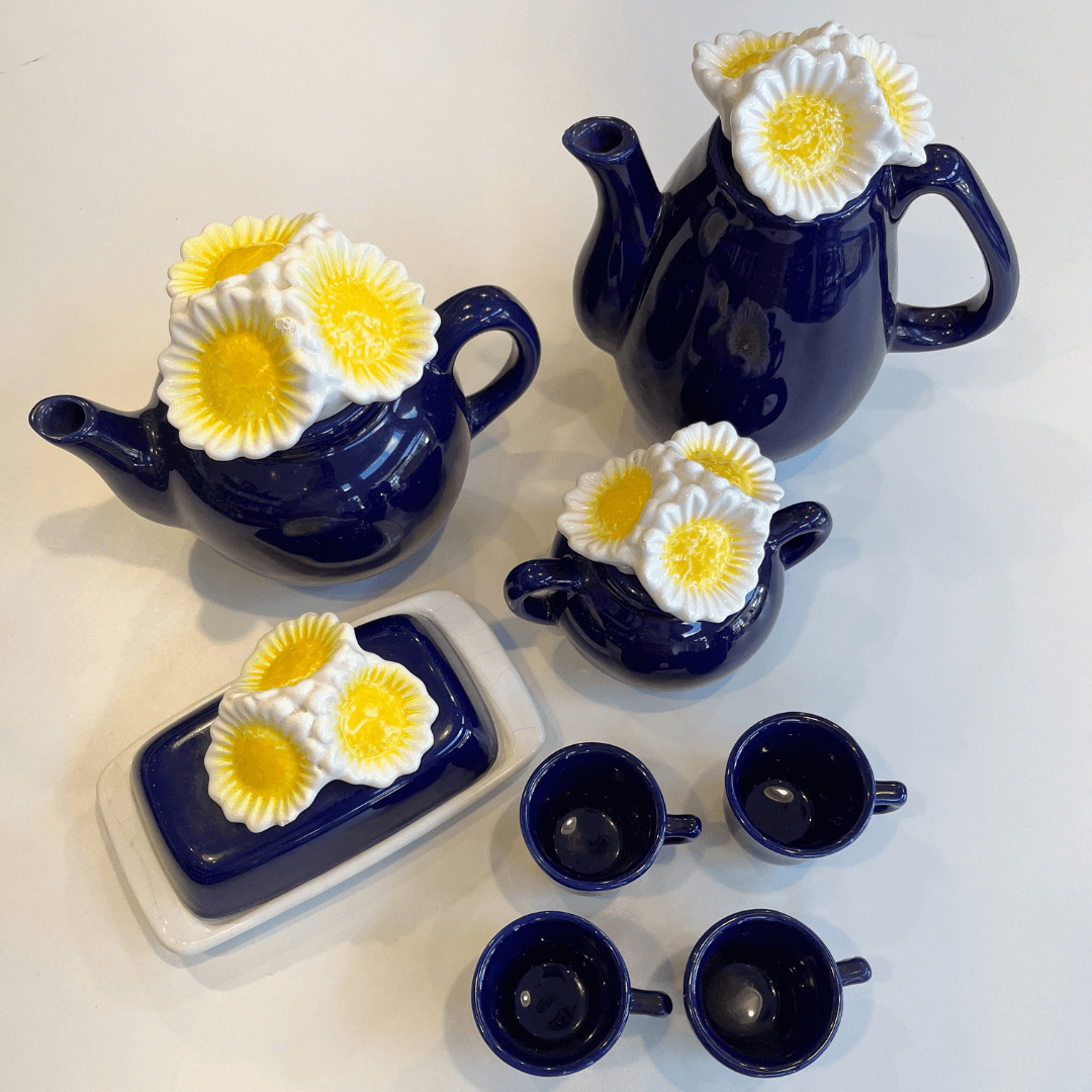 Conjunto de Café em Porcelana Azul - Margaridas