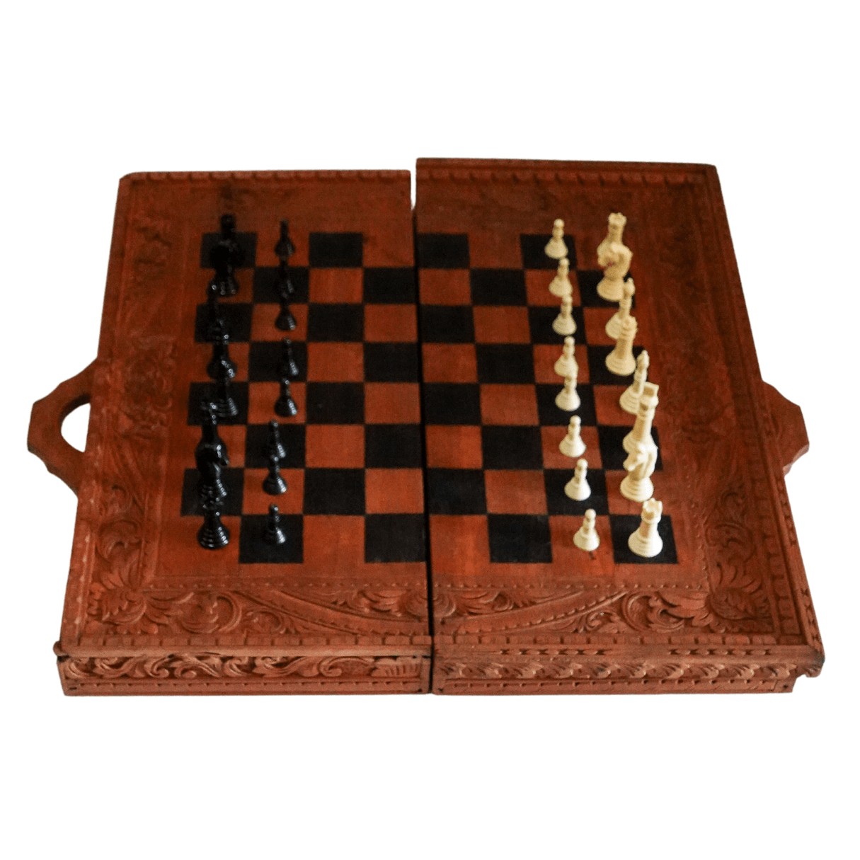 Jogo de Xadrez e Gamão Antigo feito na Tailândia em Madeira Entalhada à Mão