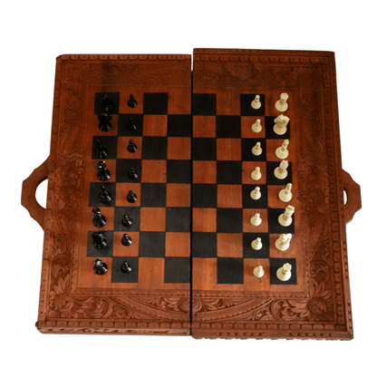 Jogo de Xadrez e Gamão Antigo feito na Tailândia em Madeira Entalhada à Mão
