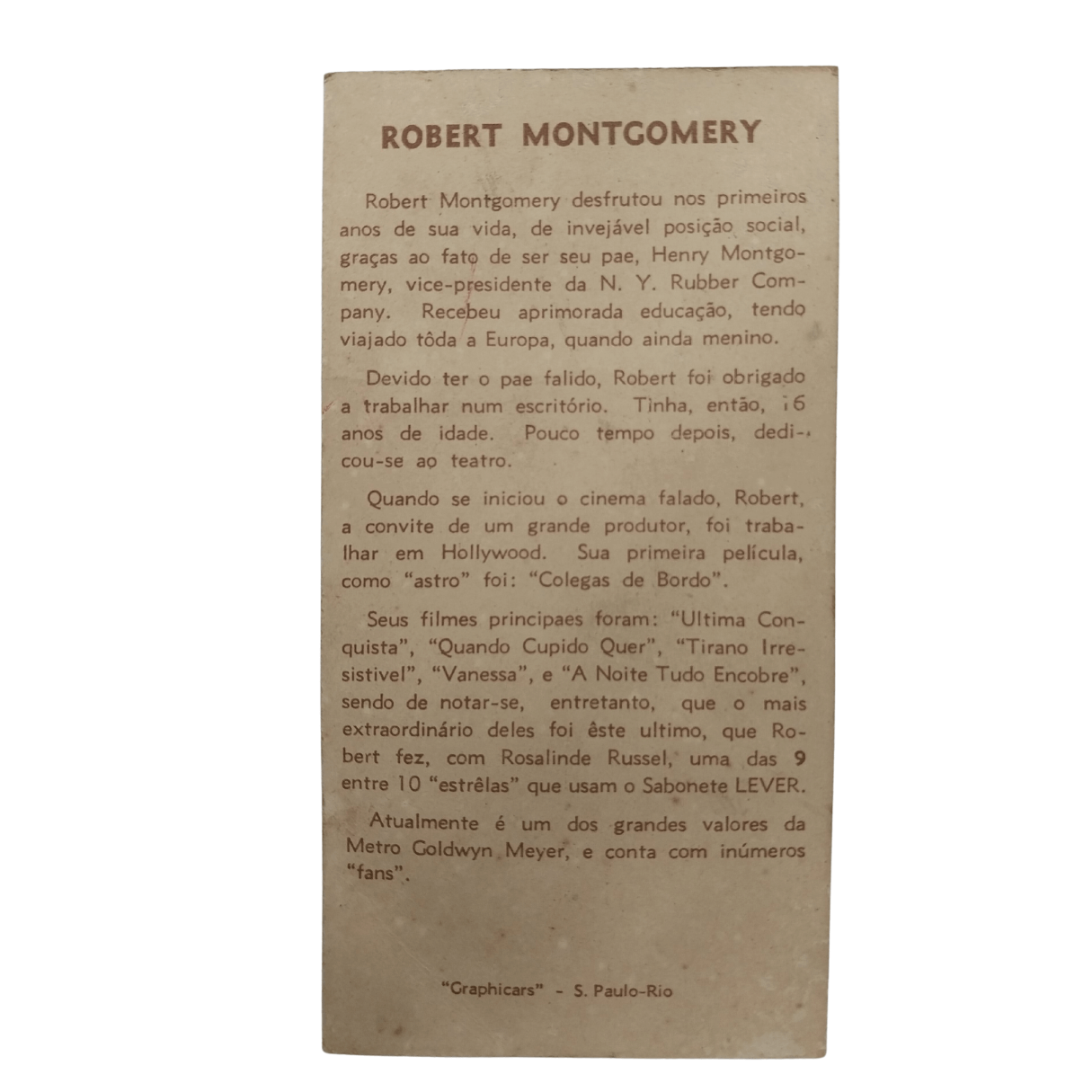 Cartão Colecionável Propaganda anos 1950 Sabonete Lever - Robert Montgomery