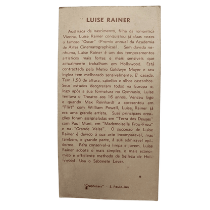 Cartão Colecionável Propaganda anos 1950 Sabonete Lever - Luise Rainer