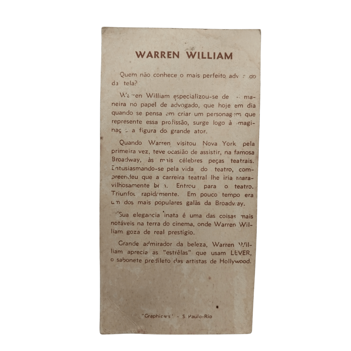 Cartão Colecionável Propaganda anos 1950 Sabonete Lever - Warren William