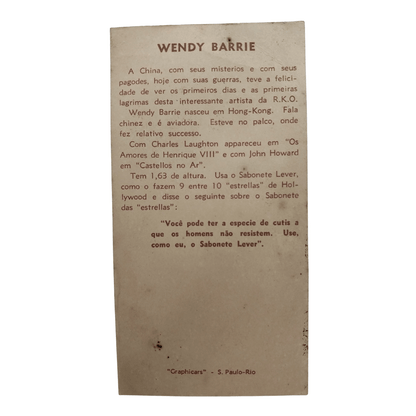 Cartão Colecionável Propaganda anos 1950 Sabonete Lever - Wendy Barrie