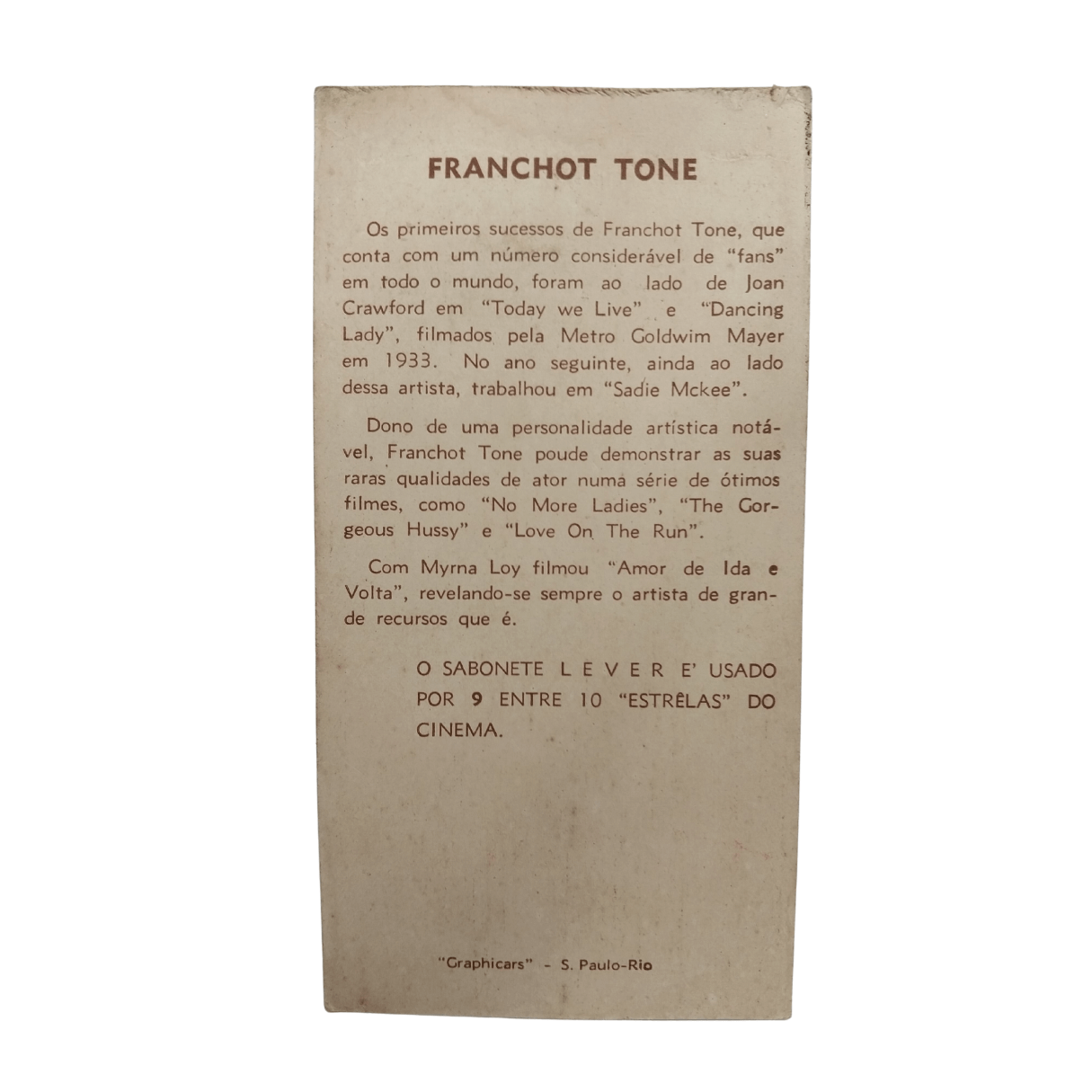 Cartão Colecionável Propaganda anos 1950 Sabonete Lever - Franchot Tone