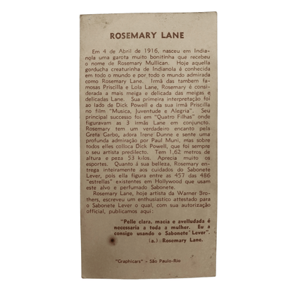 Cartão Colecionável Propaganda anos 1950 Sabonete Lever - Rosemary Lane