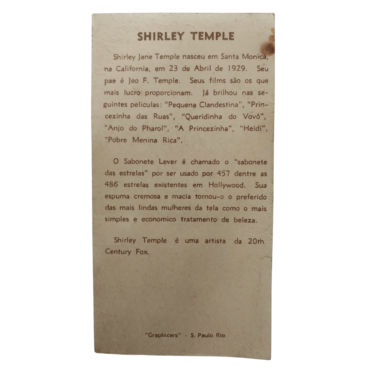 Cartão Colecionável Propaganda anos 1950 Sabonete Lever - Shirley Temple
