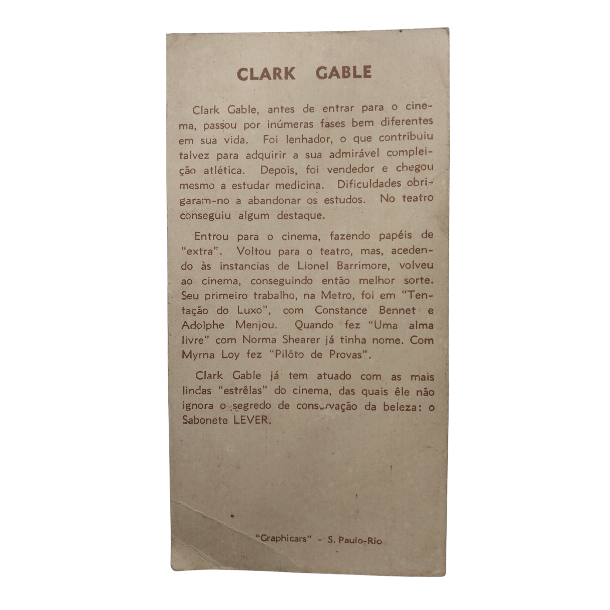 Cartão Colecionável Propaganda anos 1950 Sabonete Lever - Clark Gable