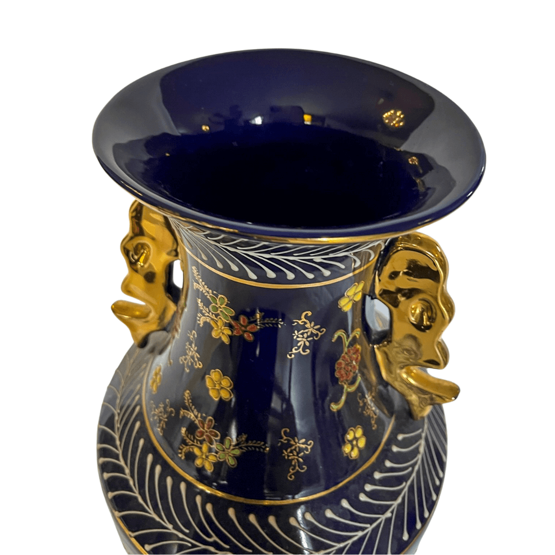 Vaso Oriental Clássico Azul Cobalto com Fios de Ouro