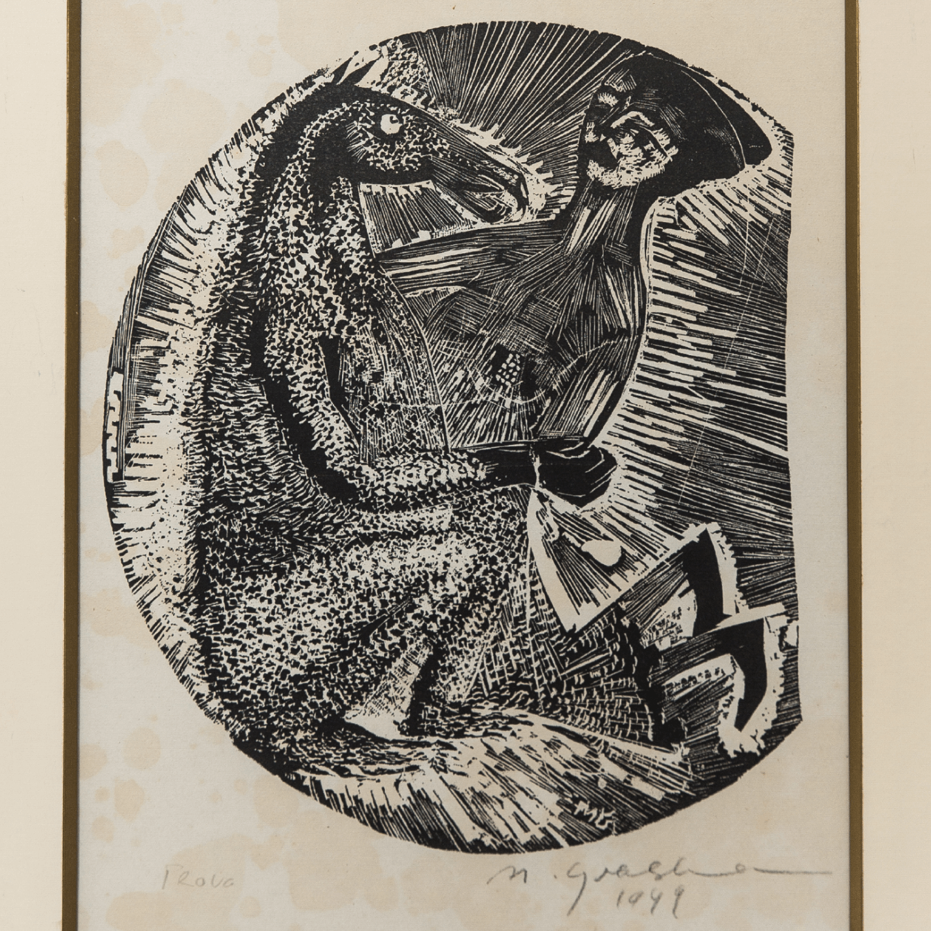 Xilogravura de Marcelo Grassmann, 1949 - Figura Mulher e Cavalo